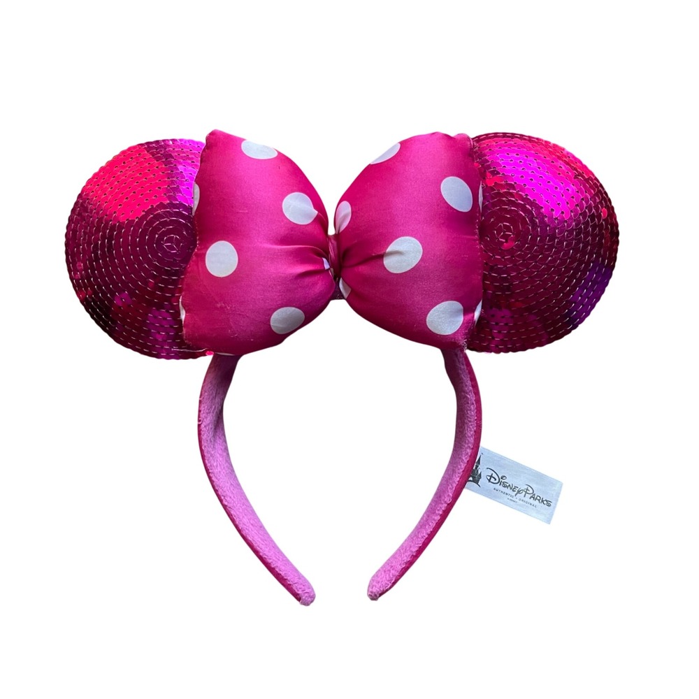 Disney Ears Headband Women OS Pink Minnie Mouse Sequin Polka Dot Bow Accessory
